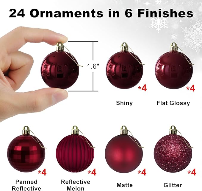 Maroon 1.6" Small Christmas Balls Christmas Tree Decoration Ornaments Shatterproof Hanging Balls for Birthday Halloween Holiday Wedding Decorations Set of 24pcs