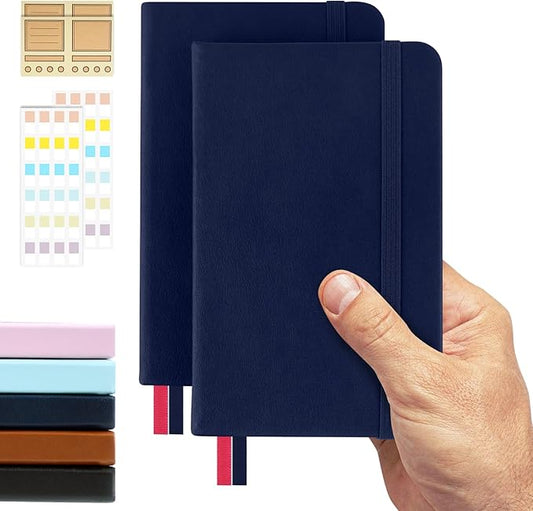 Pocket Dotted Notebook, 2-Pack Dot Grid Notebook, Dotted Journal with Stickers, 3.5" x 5.5" Hardcover, Small Mini A6 size, 160 Pages, 100 gsm Thick Paper, Navy Blue