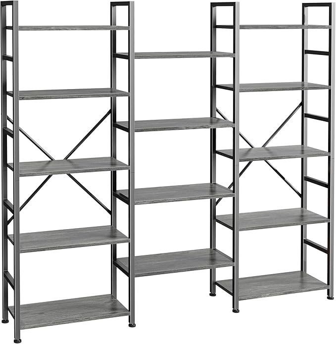 SUPERJARE Triple 5 Tier Bookshelf, Bookcase with 14 Open Display Shelves, Wide Book Shelf Book Case for Home & Office, Grey