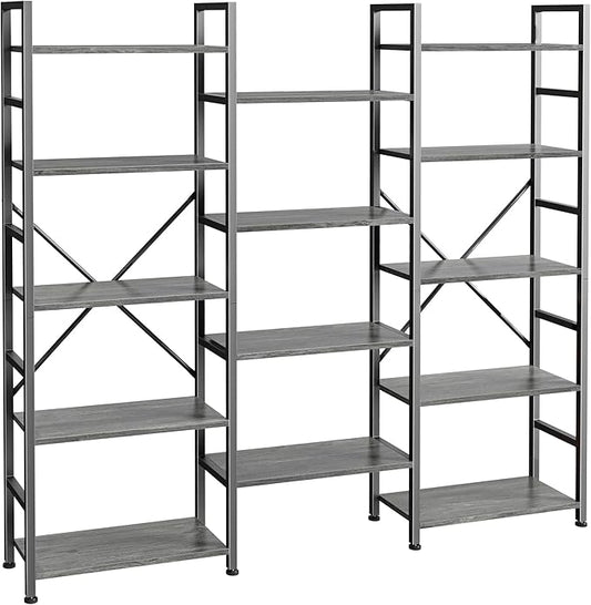 SUPERJARE Triple 5 Tier Bookshelf, Bookcase with 14 Open Display Shelves, Wide Book Shelf Book Case for Home & Office, Grey