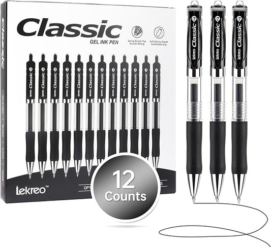 Classic Retractable Gel Roller Pens, 0.7mm Fine Point (Black Ink- 12 Packs)