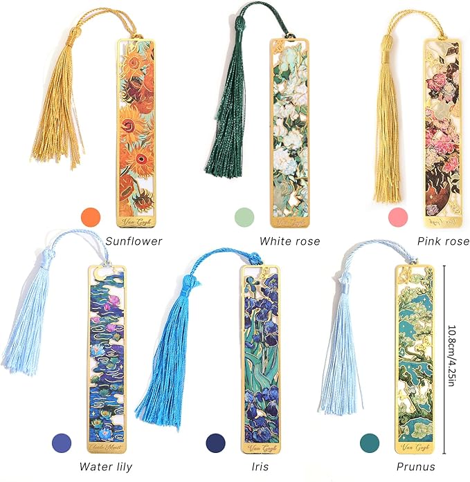 6 Pieces Metal Bookmarks with Tassel, Golden Hollow Bookmark Oil Painting Theme Book Mark Bookmarks for Book Lovers Writers Readers Children Teens Men Women Adults