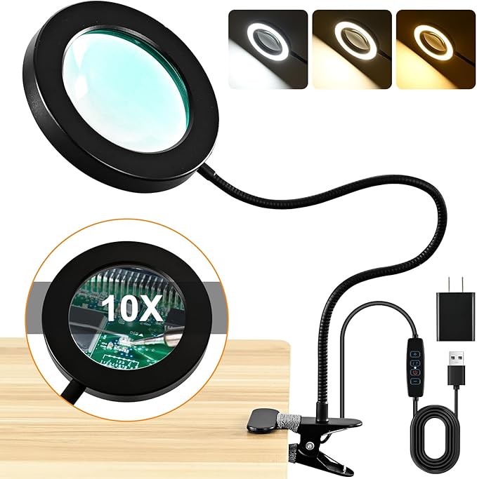 10X Magnifying Glass with Light and Timer, 2 in 1 Magnifying Desk Lamp, 3 Color Modes 10 Dimmable Brightness, Flexible Gooseneck Magnifier with Light for Craft Hobby Painting Sewing Close Work