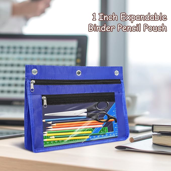 YoeeJob 1 Pack Pencil Pouch for 3 Ring Binder, Expandable Binder Pouches with Zipper, Large Capacity Pen Holder Case with Clear Window School Class Office Organizers, Blue