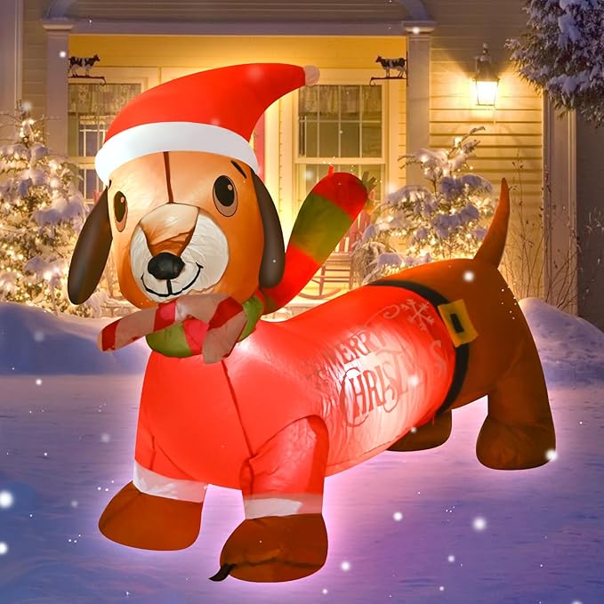 4FT Christmas Inflatable Dog Decoration with Built-in LEDs Christmas Sausage Dog Blow up Indoor Outdoor Garden Yard Lawn Party Patio Decor