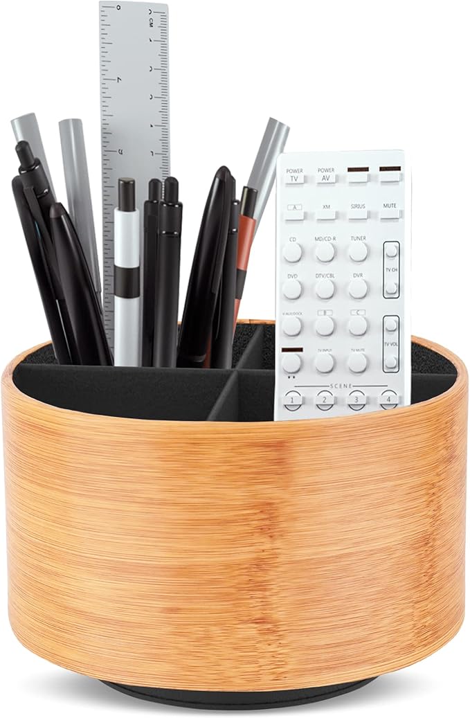 Hennaja Round Leather Art Supply Organizer,Remote Control Holder,360 Degree Spinning,Multi-Functional Pencil Holder,4 Compartments Desktop Stationary Organizer(1-Beige2)