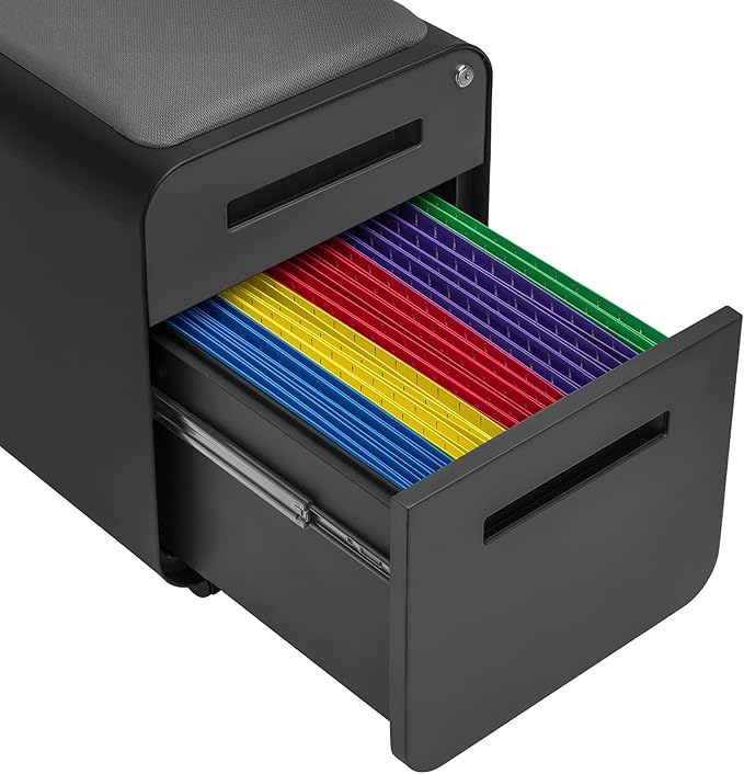 Laura Davidson Furniture STOCKPILE Mini Seated 2 Drawer Mobile File Cabinet with Removable Magnetic Cushion Seat - Short Version, Metal Filing Cabinet, Pre-Assembled, Black with Grey Cushion