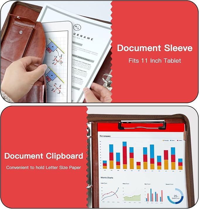 Zippered Portfolio Organizer, WRIYES Leather Padfolio with 3 Ring Binder, Professional Business Binder, Organizer for IPad/Document, Phone & Business Cards, Office Gifts for Men or Women (Brown)