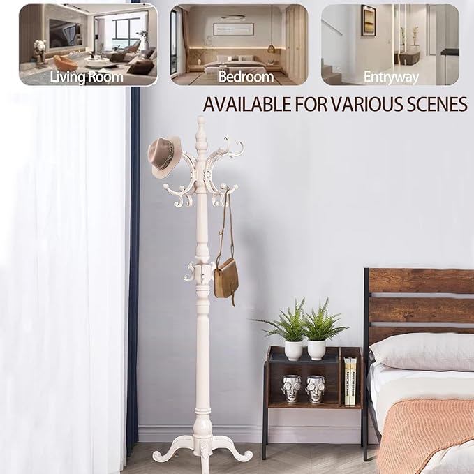 Wooden Coat Racks, Retro 78" Coat Tree with 12 Hooks & Stable Triangular Base, Entryway Coat Rack Freestanding for Hat, Clothes, Scarves, Handbags, Umbrella (Ivory)