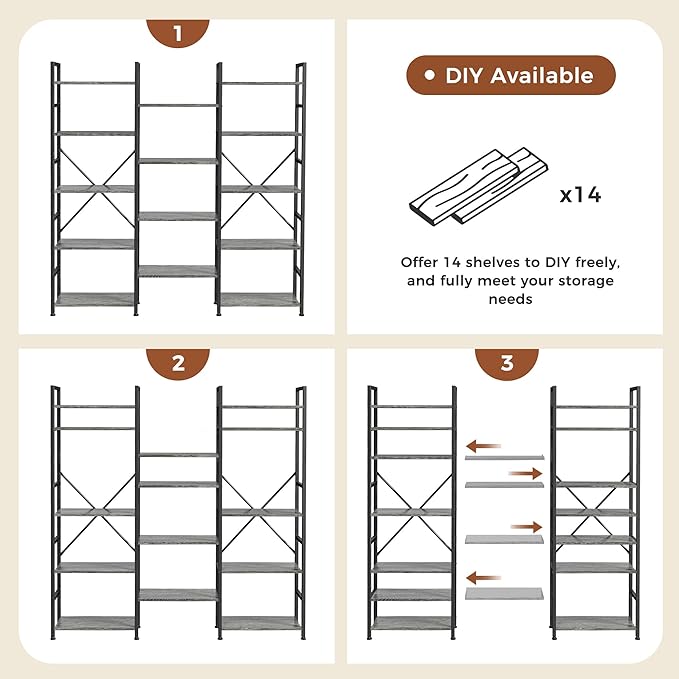 SUPERJARE Triple 5 Tier Bookshelf, Bookcase with 14 Open Display Shelves, Wide Book Shelf Book Case for Home & Office, Grey