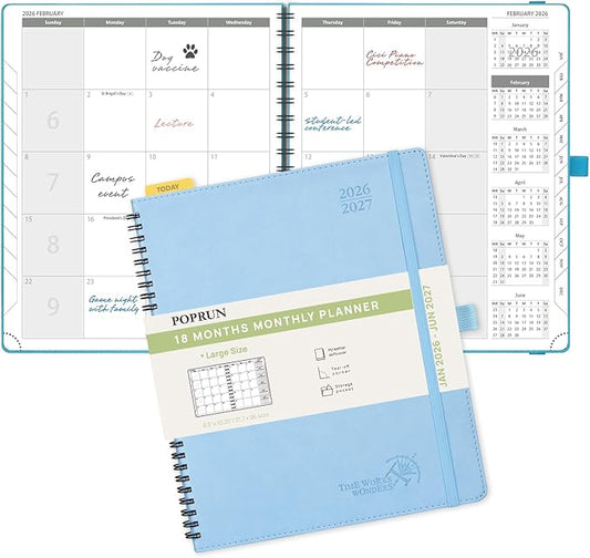 POPRUN Monthly Planner 2026-2027 (Large 8.5" x 10.5") 18 Months Calendar (Jan 2026 - Jun 2027) - 4 Pages per Month with Expense & Notes, Stair-like tabs, Leather Cover, Sunday Starts - Blue