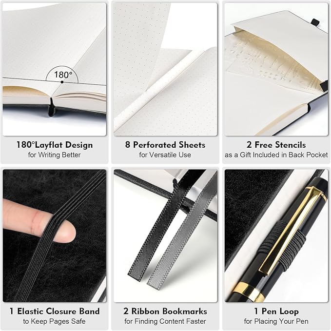 Dotted Journal Notebook, 312 Numbered Pages Large B5 Hardcover Leather Notebook, 100gsm No Bleed Paper Dot Grid Notebook with Index Pages, Dot Journal for Women Men, 7.6'' X 10'', Black