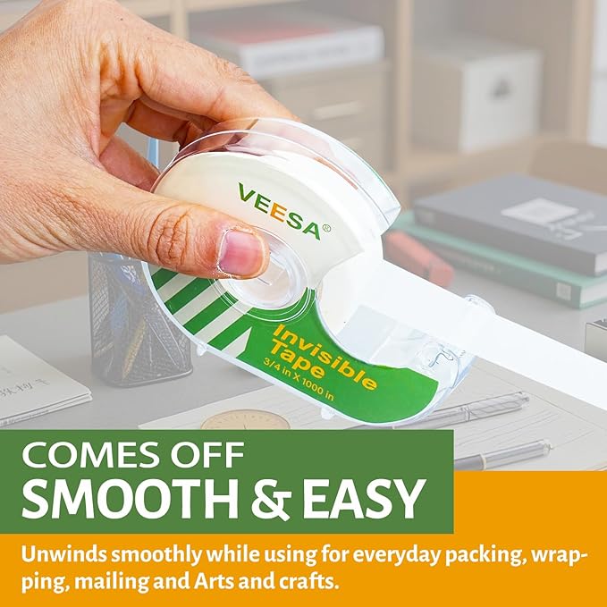 VEESA Invisible Tape with Dispenser, 12 Rolls, 3/4 x1000 Inches, Matte Finish, Gift Wrapping Tape for Label & Mend, Classroom, Office, Back to School Supplies