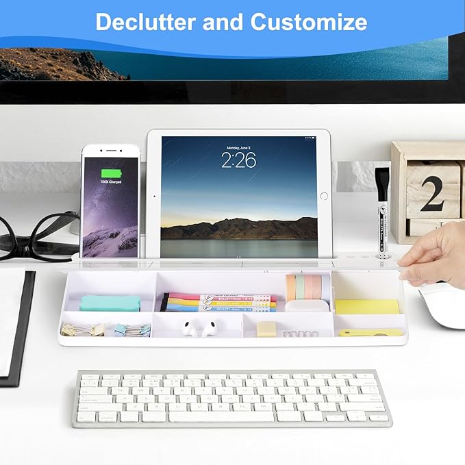 Desktop Glass Whiteboard with Storage, Weekly Calendar Desk Dry Erase White Board, Desk Organizers and Accessories, Weekly Planner Board for Planning, Memo, Note, Office, Home, College, School - White