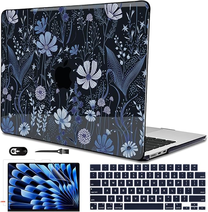 Compatible with 2022 2023 2024 MacBook Air 13.6 inch Case A3113 M3 A2681 M2, Crystal Printed Pattern Plastic Hard Case Cover for MacBook 13.6 inch Air 2024 M3 Touch ID, Wild Flowers Black
