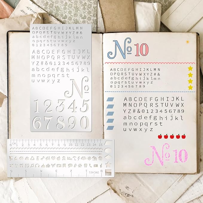 4 Pieces Metal Planner Stencil Journal Engraving Stencils Rustproof Small Letter Metal Stencils for Journaling, Bookmarks, Rulers, Planners, Scrapbooks (Metal4)