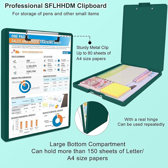 Clipboard with Storage,Three-Tier Box Clipboards(Letter Size),Storage Clipboard with Clip Form Holder Clipboards,Dry Erase Clip Boards 8.5x11 with Storage for Office School Supplies Clip Board-Emerald