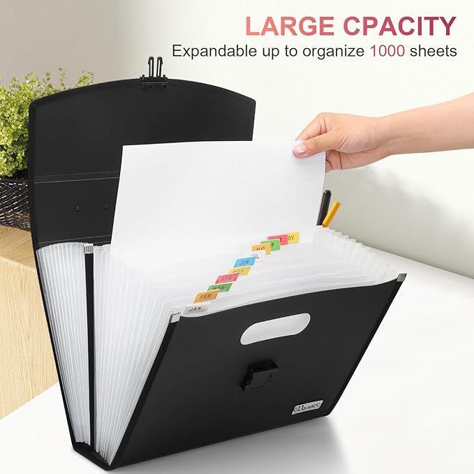 Uquelic 26 Pockets Expanding File Folder Organizer - Upgraded Durable Buckle, Accordion Folder Base with Ergonomic Portable Handle/Large A4 Letter Size Document Organizer, Folders with Pockets