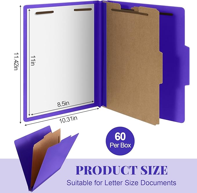 Skyygemm 60 Pcs Classification Folders Letter Size, 1 Divider Pressboard File Folder with Fasteners, Expanding File Organizer Bulk for Teachers, Clergy, Office, Church, Christmas Donations (Purple)