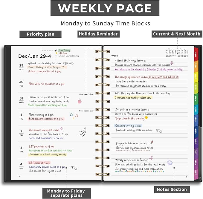 EMSHOI 2026 Planner - Weekly and Monthly Calendar (Jan-Dec), A5 (5.7"x8.3") Hardcover, 100GSM Thick Paper, PVC Cover, Inner Pocket, Colorful Tabs, Note Pages for Work School Home, Black