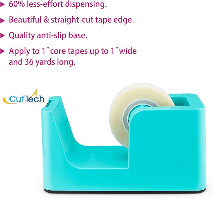 ABEL SimpleWork Desktop Tape Dispenser, Aqua, 1 in Core, Non-Skid Weighted Base, Tape Cutter for Office, Home, School, and Crafts