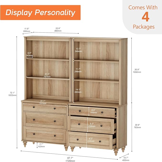 WAMPAT 3 Tier Bookshelf with 3 Drawers, 72" Tall Bookcase Large Farmhouse Display Book Case Shelf with 3-Tier Open Book Shelfs，Library Wood Bookshelves for Living Room,Kitchen, Oak(2PCS)