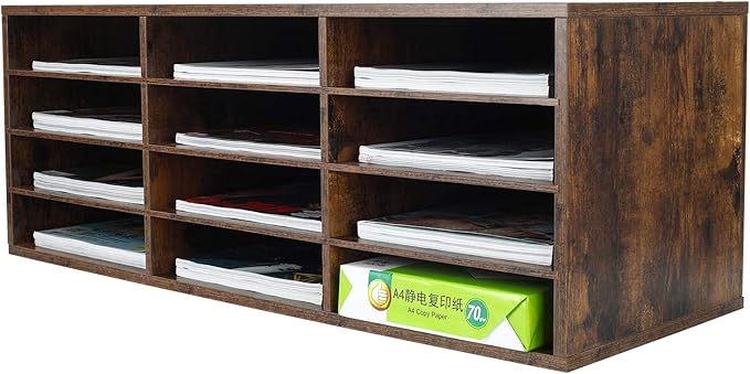 PAG Mail Sorter Organizer, Wood Countertop Literature Organizer, Student Mailbox for Classroom, Desktop Bill Paper Organizer for Office Home School, 12 Compartments, Antique Brown
