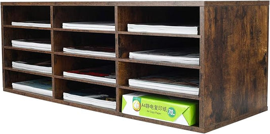 PAG Mail Sorter Organizer, Wood Countertop Literature Organizer, Student Mailbox for Classroom, Desktop Bill Paper Organizer for Office Home School, 12 Compartments, Antique Brown