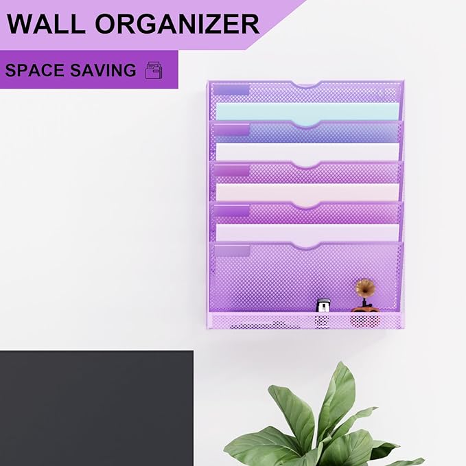 Hanging Wall File Organizer 6 Tier Wall Mounted Mail Paper Folder Holder Document Organization Stand, Vertical Desk Magazine Rack for Office Home Cubicle Countertop, Light Purple
