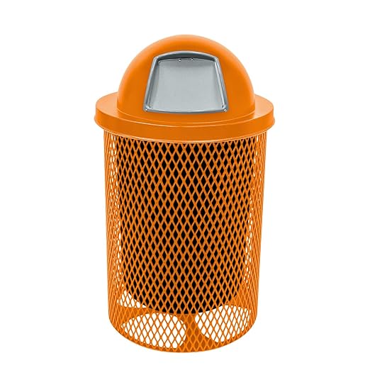Coated Outdoor Furniture 32-Gallon Heavy-Duty Expanded Metal Round Trash Receptacle, Commercial Outdoor Waste Bin with Liner & Dome Lid – Made in America (Textured Orange)