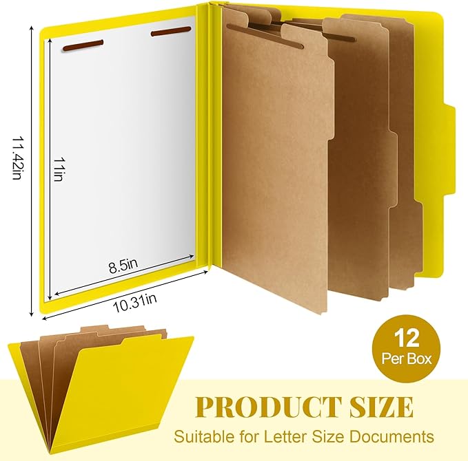 Skyygemm 12 Pcs Classification Folders Letter Size, 3 Divider Pressboard File Folder with Fasteners, Expanding File Organizer Bulk for Teachers, Clergy, Office, Church, Christmas Donations (Yellow)