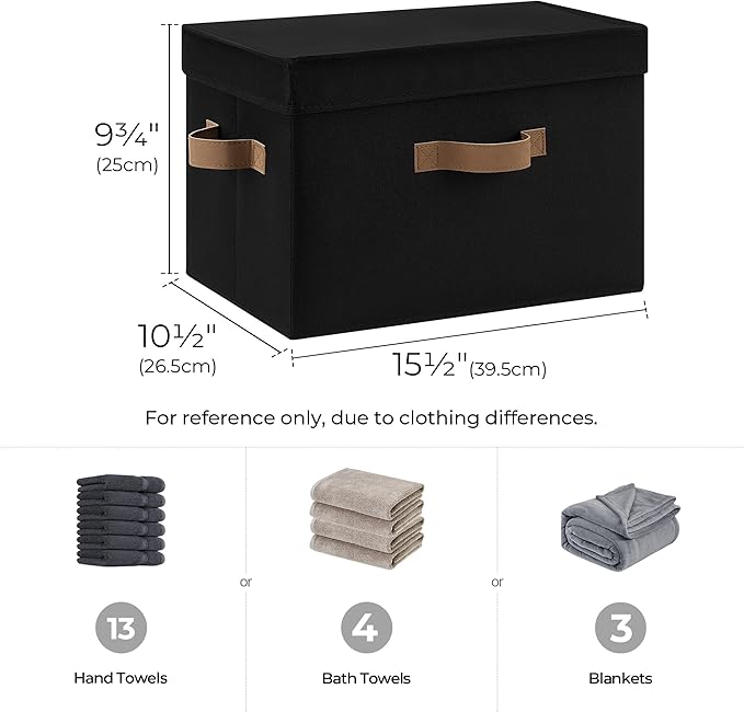 StorageWorks Fabric Storage Bins with Lid, Decorative Storage Boxes for Shelves, Stackable Closet Organizer Basket with Handles, Large, Black, 2-Pack