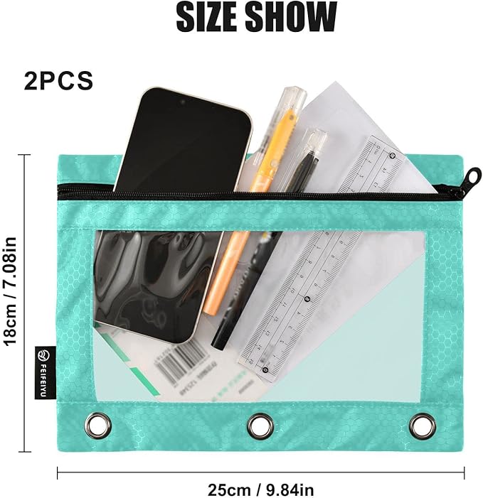Gredecor Binder Pencil Pouch 3 Ring Turquiose Teal Zipper Pencil Pouches Case 2 Pack Clear Binder Organizer for School Office