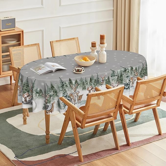 Horaldaily Christmas Tablecloth 60×84 Inch Oval, Deers Snowman Trees Grey Washable Table Cover for Party Picnic Dinner Decor