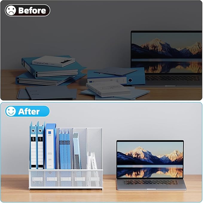 Marbrasse File Organizer for Desk,Desk File Organizer with 5 Vertical Compartments Mesh Magazine File Holder for Office Home School