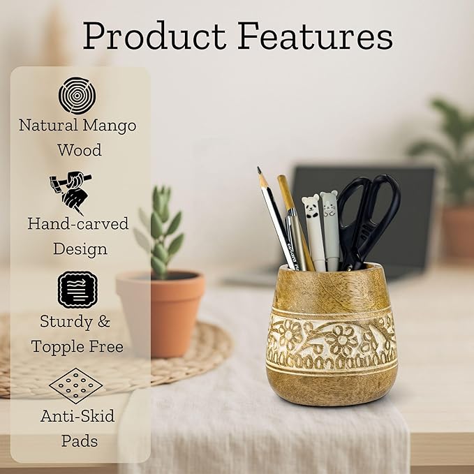 Mie Creations Designer Pencil Holder for Desk Wood | Paintbrush Holder Cup, Desk Accessories, Cute Make Up Brush Organizers | Office Desktop, Wooden Pen Stand | Stationary, Art Supplies | White-4''