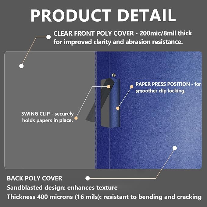 TOTiyea 10 Pack Clear Report Covers with Swing Clip, File Folder with Swing Clip, 30 Sheets Capacity, Slide Locking Report Covers, Letter Size (Navy, 10 Pack)