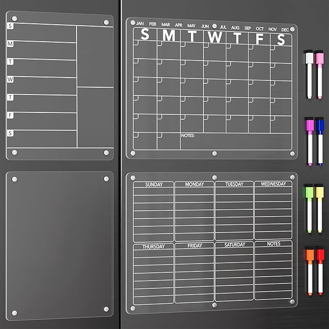 4Pcs Acrylic Magnetic Dry Erase Board Calendar for Fridge, Clear Monthly Weekly Daily Meal Menu Planner Whiteboard for Refrigerator, Notepad Memo White Board, w/ 8 Colors Markers, 15"x11"