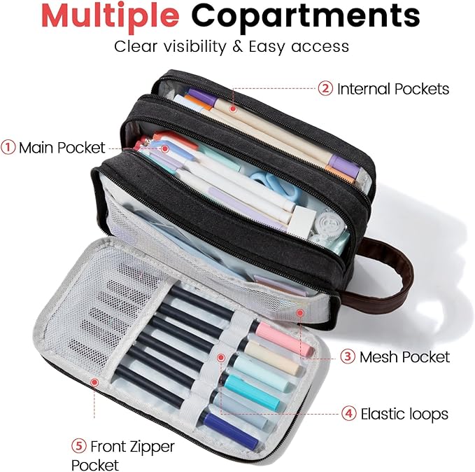 Sooez Large Pencil Case Pouch, Extra Big Pencil Pouch Pencil Bag with PU Handle & Zipper, Sturdy Pen Case with 3 Compartments, Aesthetic School College Supplies Organizer for Men Women Boys, Dark Gray