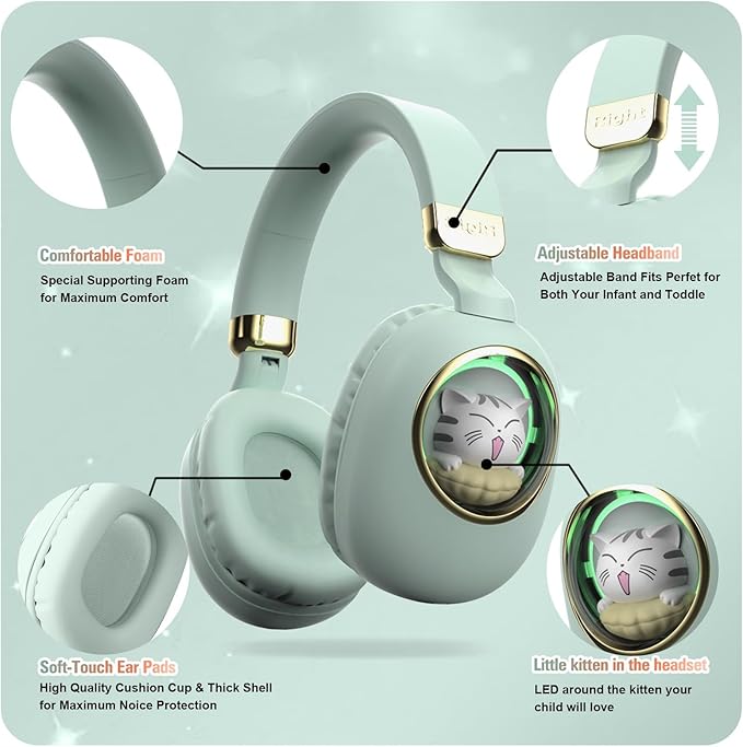 Girls Green Gaming Headset with Microphone - Wired & Wireless Noise Cancelling Over Ear Headphones for Kids & School - Bluetooth Earbuds