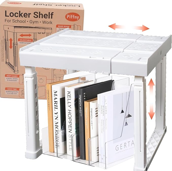 Locker Organizer Shelf， Adjustable Width and Height, Stackable, Ideal Locker Shelf for School, Office, Gym Lockers, or Even Kitchen Cabinets & Under Sink Organization (White 1 Pack)