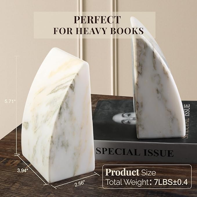 Koville Marble Bookends for Shelves, Large Bookends for Heavy Books, Natural Stone Book Stopper for Books CD Movies, Aesthetic Decorative Book Ends (Oriental Calacatta)