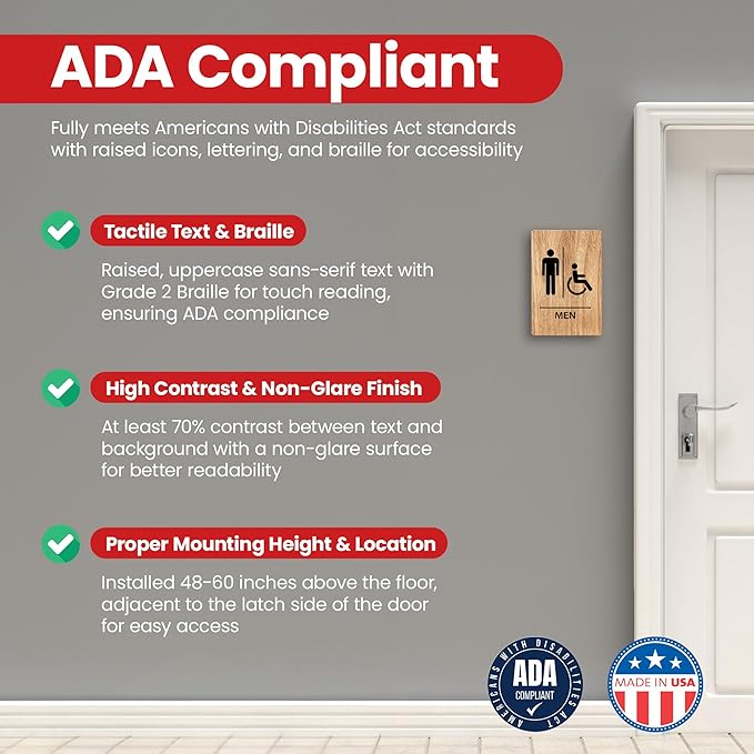 Promot Men and Women Handicap Restroom Sign – ADA Braille Bathroom Sign for Business, Self-Adhesive, 9" x 6", Commercial Door Signage, Office Wall Decor - Oak