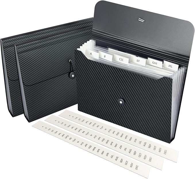 7 Pocket Expanding File Folder with Tab Inserts, Accordian File Organizer Document Receipt Organizer, Accordion Folder File Keeper A4 Letter Size, for School Home Office, Black(Pack of 3)