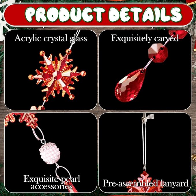 Lanpn 22pcs Christmas Ornaments Crystal Christmas Tree Decoration, Hanging Clear Acrylic Snowflake Icicle Drop Crystal Pendants for Xmas Tree Winter New Year Outdoor Indoor Party Decoration (Red)