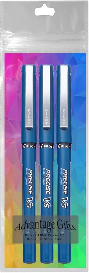 Precise V5 Stick Rolling Ball Pens, Extra Fine Point (.5mm), Blue Ink, 3-pk; Bundle with Plastic Reusable Pouch