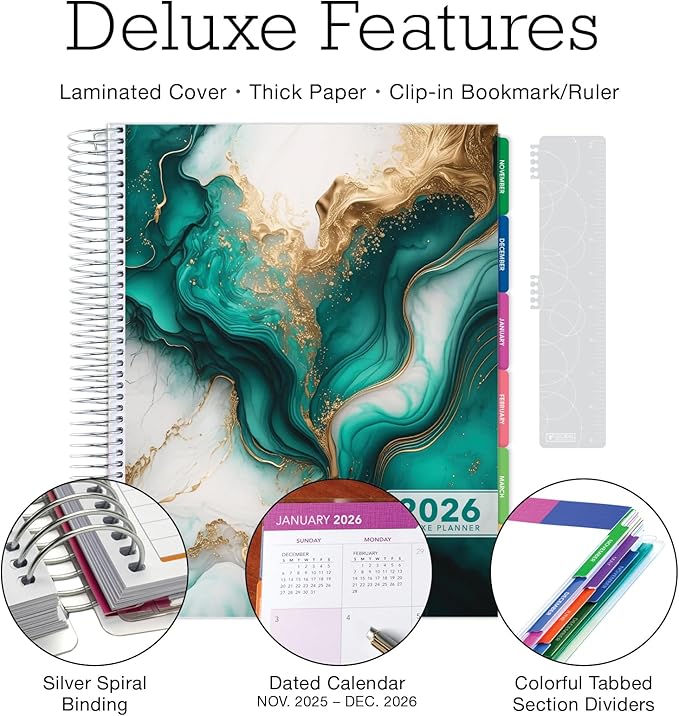 DELUXE 2026 Planner, 8.5"x11": 14 Months (November 2025 - December 2026), Includes Page Tabs, Bookmark, Planning Stickers, Pocket Folder Daily Weekly Monthly Planner Yearly Agenda (Teal Gold Marble)