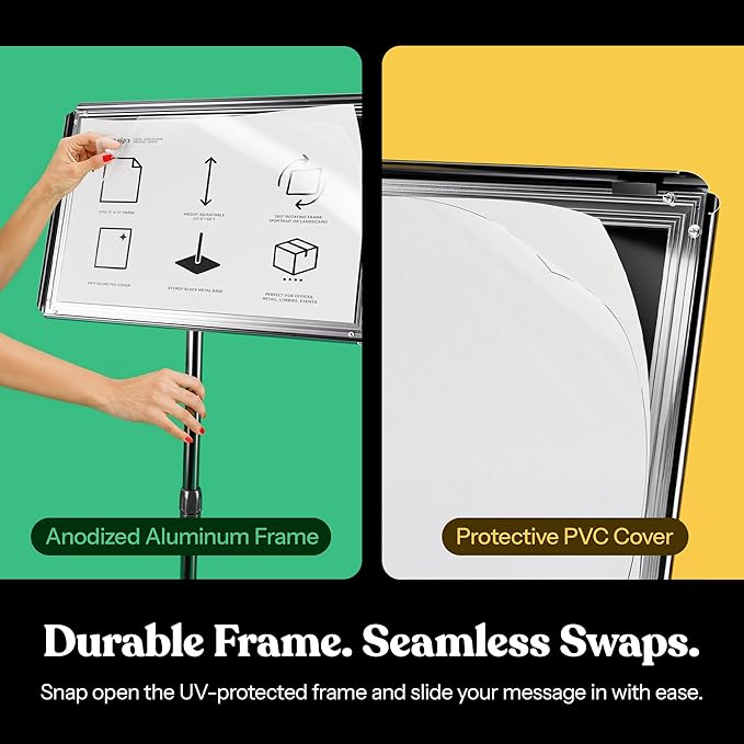 T-SIGN Adjustable Heavy Duty Pedestal Sign Holder Poster Stand, 11x17 Inch Vertical & Horizontal Sign Stand Displayed Poster Holder - Metal Base Square Sign Stands for Display, Outdoor Sign