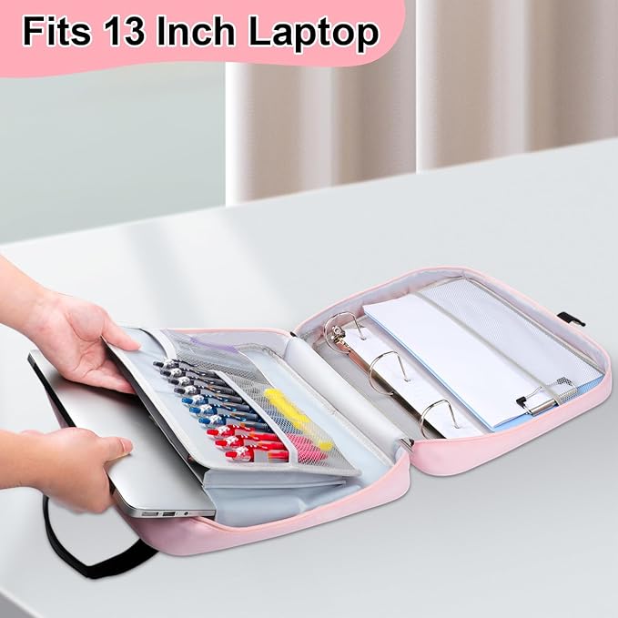3 D-Ring Zipper Binder 2 Inch with Shoulder Strap, Waterproof Oxford Binder with Zipper Storage 500 Sheets Capacity, Multi-Pockets Organizer Bag for 13 Inch Laptop School& Office (Pink)