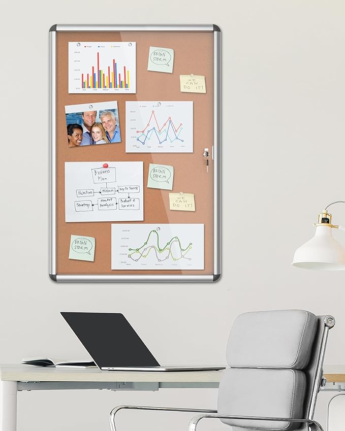 36"x24" Enclosed Bulletin Board, Lockable Weather-Resistant Aluminum Cork Noticeboard for School & Office, Silver Frame w/Cork